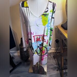 NWT Le Galeriste Colorful Graphic V-Neck Dress Large